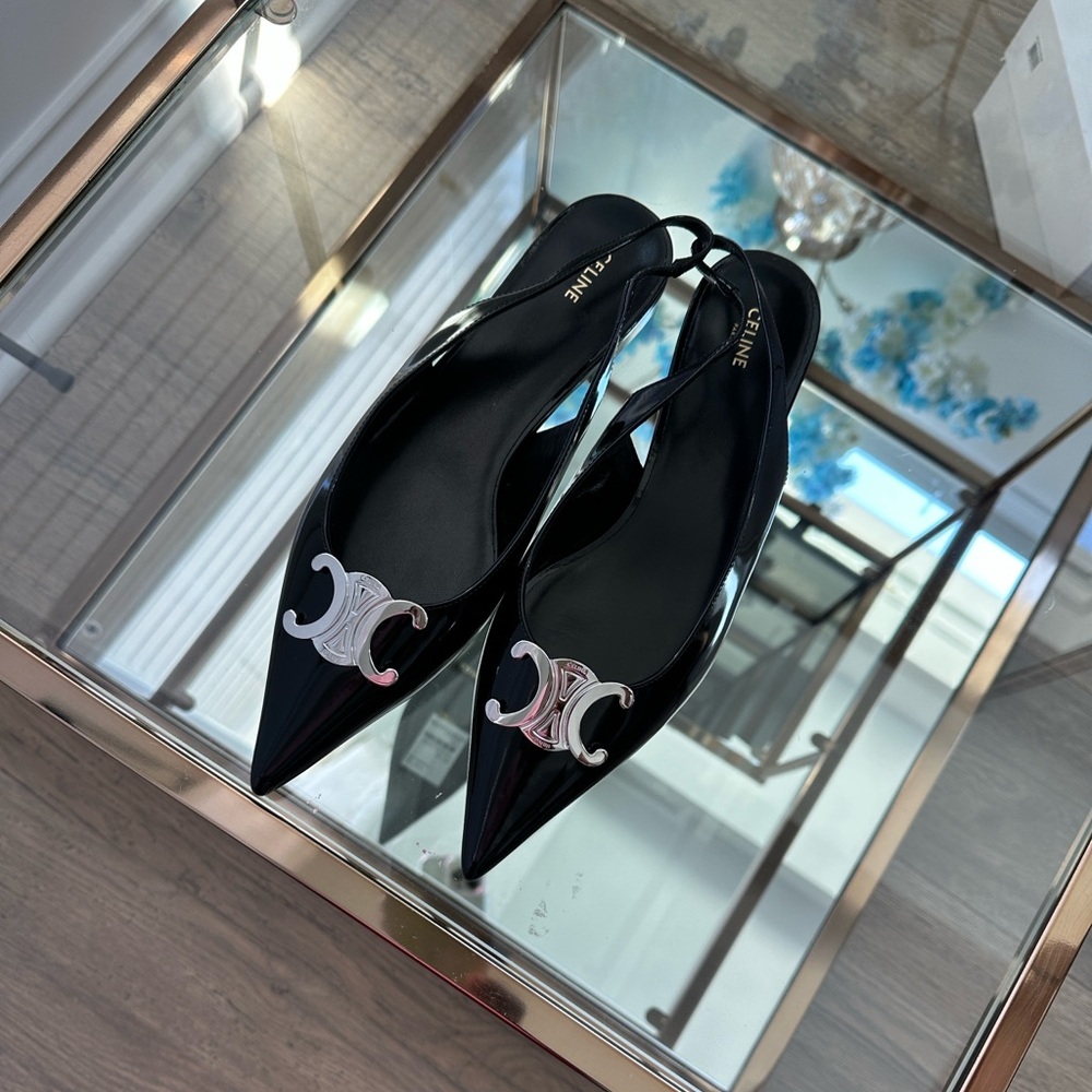 Authentic Celine Black Patent Leather Flats with Silver Accents - Picture 2 of 16